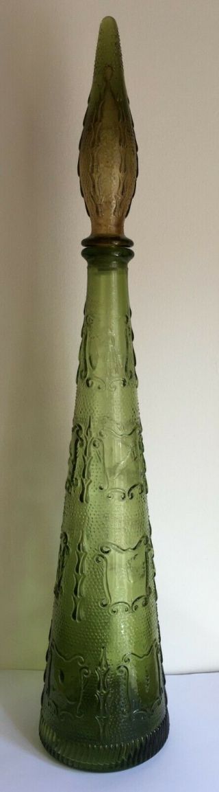 Vintage Tall Green Glass Genie Bottle Decanter Vase With Zodiac Symbols
