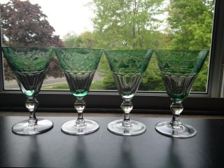 Set Of 4 Green Cut To Clear Martini/cocktail Stemware Glasses