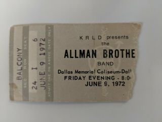 Allman Brothers Ticket Stub June 9,  1972 Dallas Texas Memorial Auditorium
