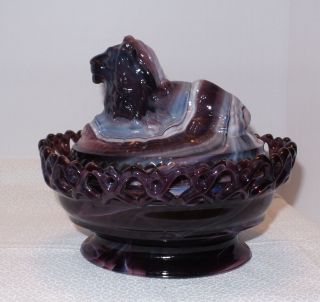 Vintage Imperial Glass Lion On Nest Covered Dish Purple Slag