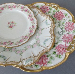 4 Antique French Limoges Porcelain Plates Pink Roses Mums Bows Swags Gilt Trim