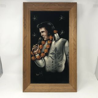 Vintage Elvis Presley Aloha Hawaiian Black Velvet Signed By Artist Painting Wood