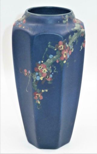 Weller Art Pottery,  Dark Blue Navy Embossed Flowers Octagonal Vase,  9 1/2 " Tall