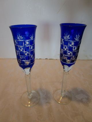 Ajka Xenia Set 2 Bohemian Cased Cobalt Blue Cut 2 Clear Crystal Champagne Flutes