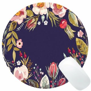 Flowers Art Navy Blue Round Mouse Pad Custom,  Floral Wreath Circular Mouse Pads