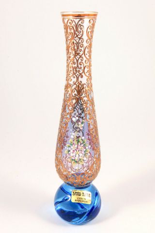 Bohemian Czech Glass Vase Enamel Floral 10” Tall 24k Gold Gold Plated Blue Label