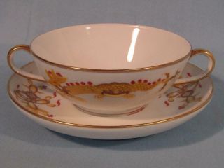 Rare Meissen Yellow Dragon & Red Accent Cream Soup Bowl & Saucer