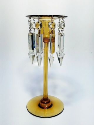 Vintage Hand Blown Elegant Amber Glass Candle Holder Candlestick Crystal Prisms