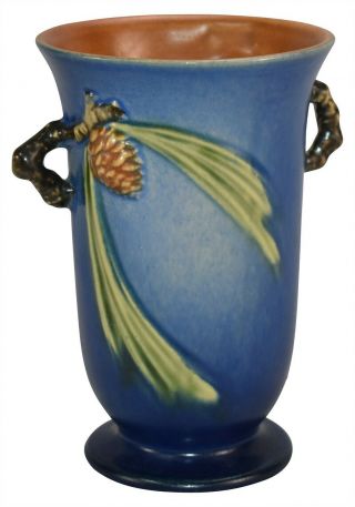 Vintage And Estate Fresh Roseville Pottery Pine Cone Blue Ceramic Vase 838 - 6
