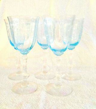 Set Of 5 Fostoria Navarre Blue Etched Crystal Wine Water Glasses 7 5/8 Inches