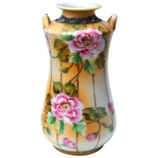 Antique Art Nouveau Nippon Hand Painted Floral Gilt Moriage Handled Vase