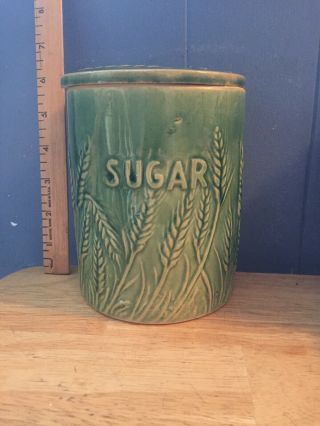 Antique Hull Pottery Yellow Ware Sugar Canister With Lid Green Wheat