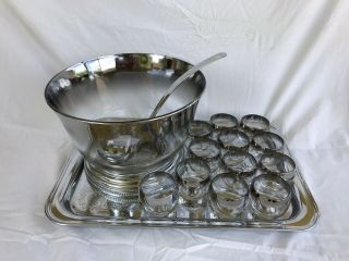 Vintage Mcm Silver Fade Punch Bowl Set 12 Glasses,  Ladle & Tray Dorothy Thorpe