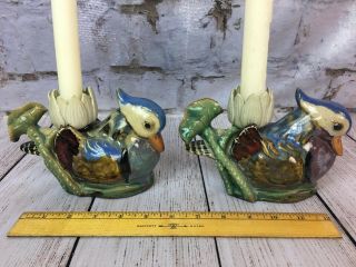 Studio Art Pottery Pair Mandarin Duck Figurine Candlestick Holders Table Decor