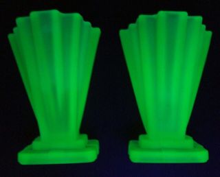 Deco Era Bagley Grantham 334 Uranium Glass Vases - Uv/black Light Glow