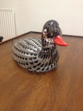 Rare Signed Licio Zanetti Glass Duck (Life Size) Black And Clear Glass 2