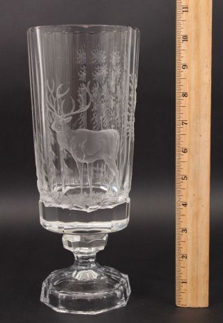 Large Antique 19thc Hand Carved Buck & Tree Bohemian Cut - Glass Vase