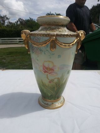 Hand Painted Nippon Vase With Gold Embellishment Handles.  Floral And Butterfly.