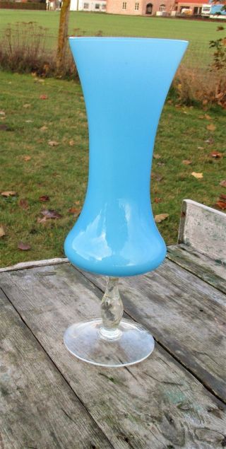 Aqua Blue Cased Opaline Art Glass Footed Vase Bottle Italian Era Murano