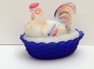 Fenton Rooster On A Nest - Hand Painted & Signed,  Cobalt Blue Base