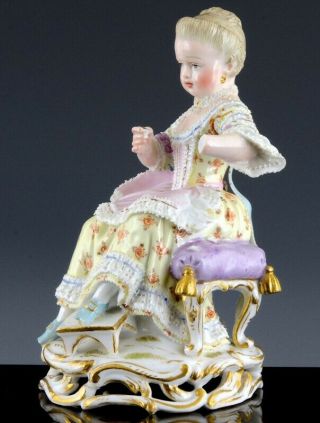 Sweet Antique Meissen Porcelain Figure B94 Lace Dress Girl Sitting On Chair N/r