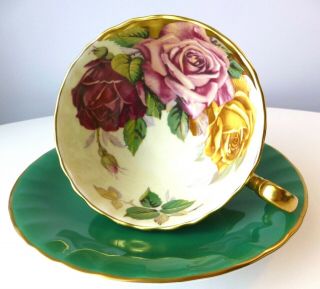 Vintage Aynsley Cup And Saucer 3 Cabbage Roses Green Tea Cup Saucer