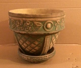 Vintage Rrp Or Red Wing Pottery Green Brushware Stoneware Planter & Underplate