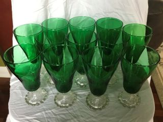 Set Of 12 Vintage Anchor Hocking Emerald Green W Clear Bubble Foot 6 1/2 " Glass