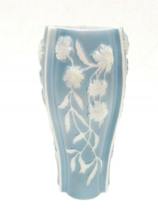 Vintage Consolidated Glass Phoenix Glass Vase White Floral Overlay On Blue 6.  5 "