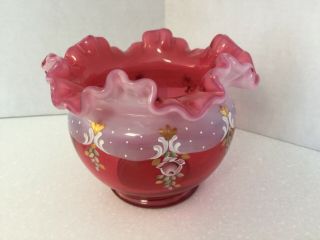 Fenton Glass Rose Bowl Cranberry Opalescent Enameled Hand Painted Charleton