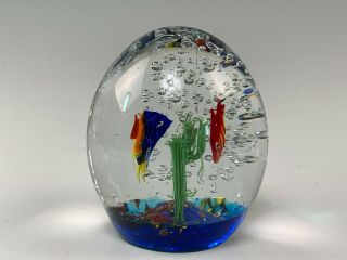 Signed Murano Art Glass Egg Shaped Aquarium Glass Paperweight With 3 Fish