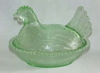 Vintage Indiana Glass Light Pastel Green Chicken Hen On Nest Covered Candy Dish