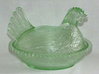 Vintage Indiana Glass Light Pastel Green Chicken Hen on Nest Covered Candy Dish 2