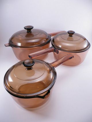 6 Piece Corning Ware Pyrex Visions Amber Cookware Set: 3 Saucepans W Lids