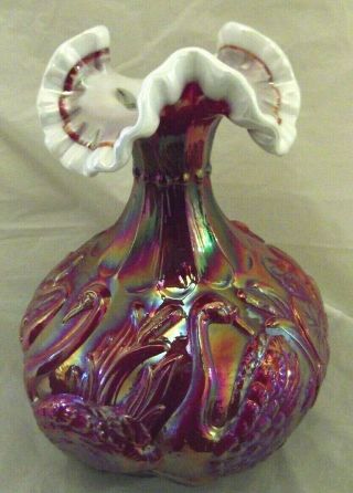 Fenton Cranberry Red Carnival Glass Overlay Ruffled Raised Swans Water Lilies