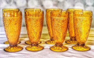 8 Tiara Ice Tea Glasses Gold Or Amber Color Glass Indiana 6 5/8” H Footed Drink