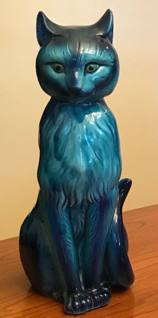 Vintage Inarco Mood Indigo Blue Ceramic Cat 12 " With Defects And Repair E2983