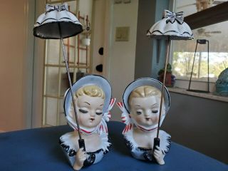 Set Of Vintage Lady Girl Teen Headvases With Umbrellas With Markings