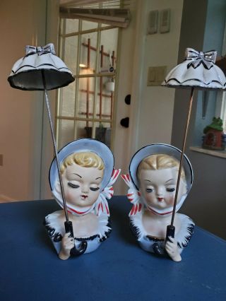 SET of vintage lady girl teen headvases with umbrellas with markings 2