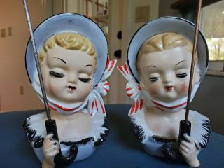SET of vintage lady girl teen headvases with umbrellas with markings 3
