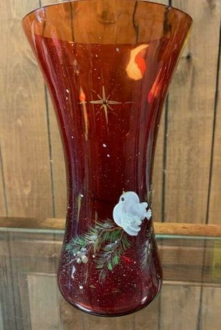Fenton Glass Hand Painted & Signed Winter Scene W/dove Vase Christmas