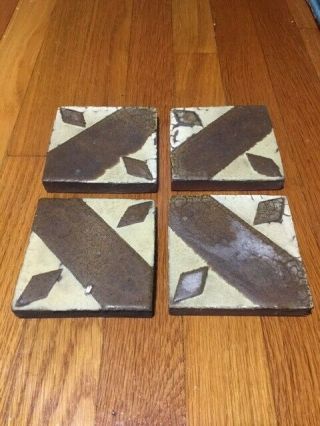 4 Vintage Grueby Arts & Crafts Faience Tiles 4x4