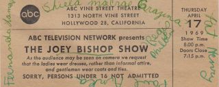 1969 Joey Bishop Show Ticket Abc Television Network Vine Street Theaterhollywood