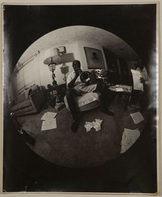 Vintage 60s Large Fisheye Lens Photograph Louis Armstrong Playing Trumpet @ Home
