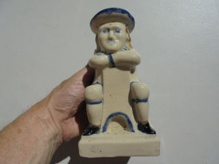 Antique Stoneware Pottery Man Sitting on Chair Vase Cobalt Blue & Brown Decor 7