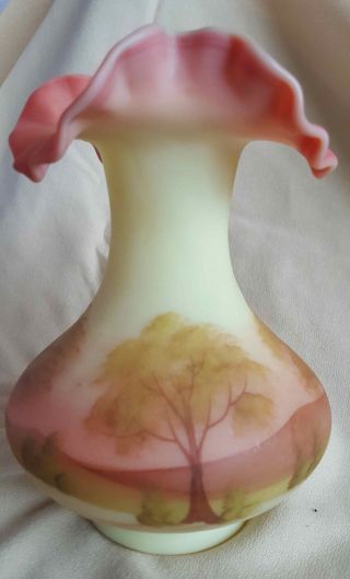 Fenton Glass Vase Custard Satin Pink Ruffled Edge Top,  Signed Connie Ash