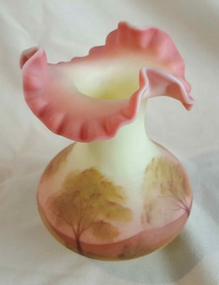 Fenton Glass Vase Custard Satin Pink Ruffled edge top,  signed Connie Ash 2