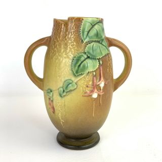 Vintage Roseville Art Pottery Usa Fuchsia 2 Handled Vase Brown 894 - 7 "