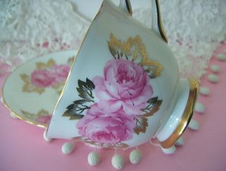 Vintage Royal Chelsea England Pink Cabbage Roses & Gold Gilt Tea Cup & Saucer