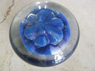 Large Eickholt Glass Sand Dollar Paperweight: Shiny Iridescent Blue,  1996,  3 1/8 "